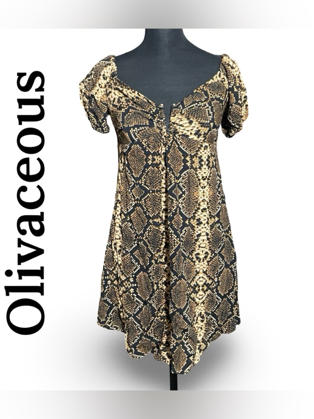 OLIVACEOUS Snake-print Mini dress, Plunging V-neckline, short puff sleeves